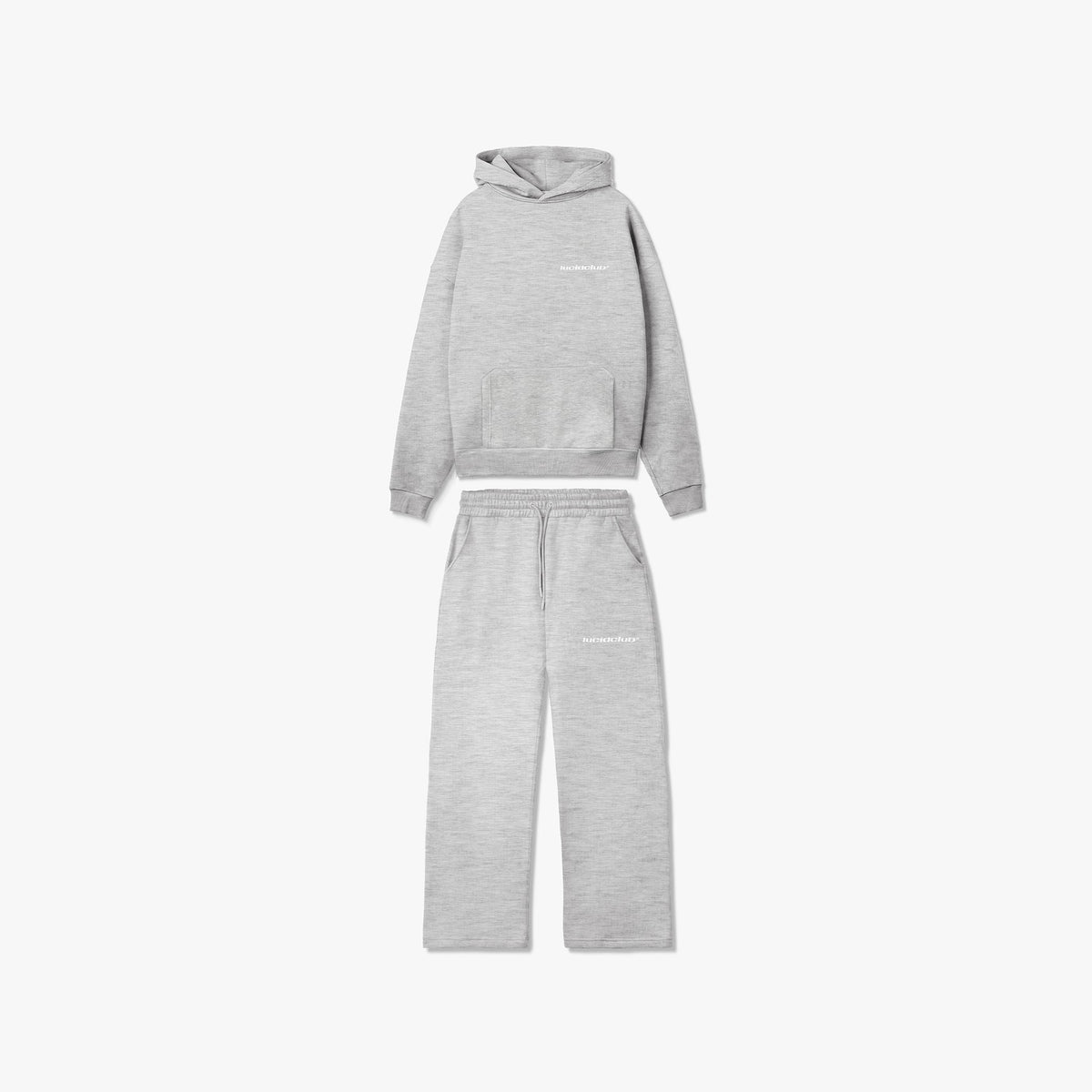 Cozy Tracksuit Melange Grey, Hoodie und Jogginghose in Grau meliert als Set, liegend