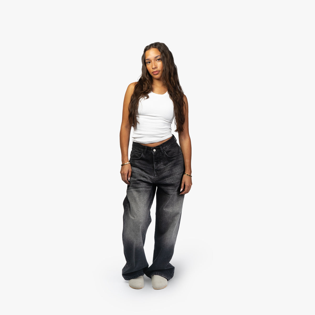 Star Denim Phantom Black on female model, front view with white top
