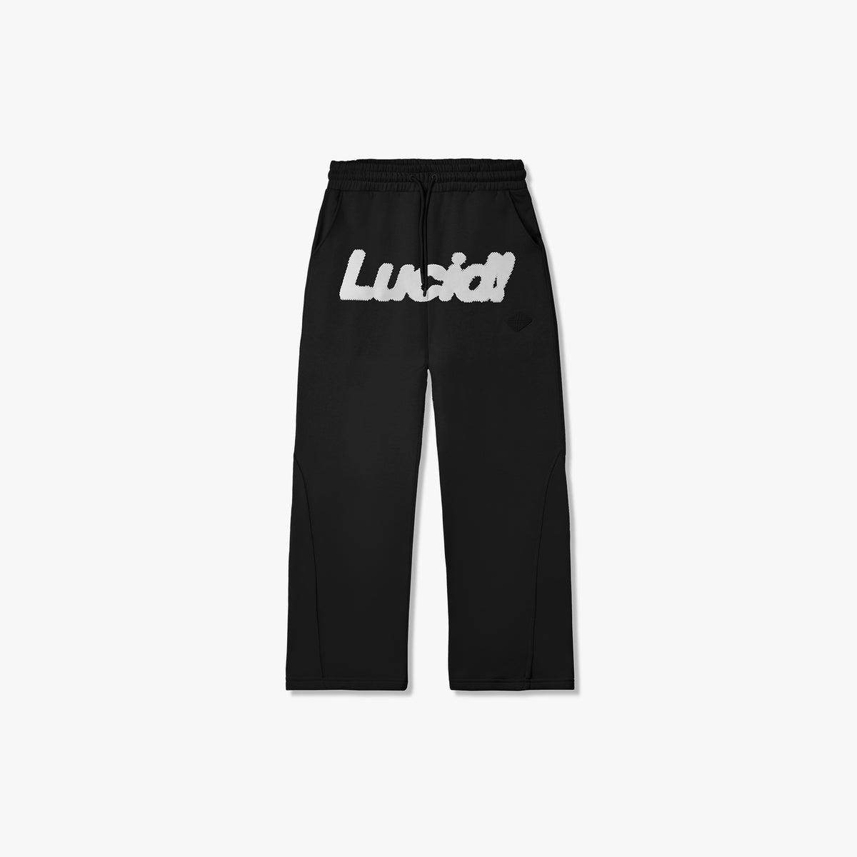 Lucid! Sweatpants Black/White in Schwarz mit Puff Print, Vorderansicht liegend