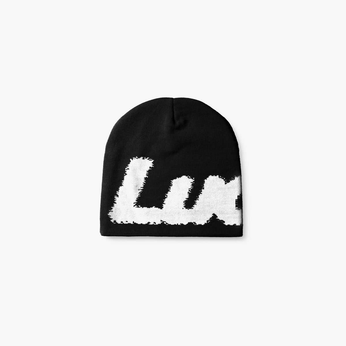 Lucid! Beanie Black Ice, schwarze Mütze mit weißem Logo, Vorderansicht