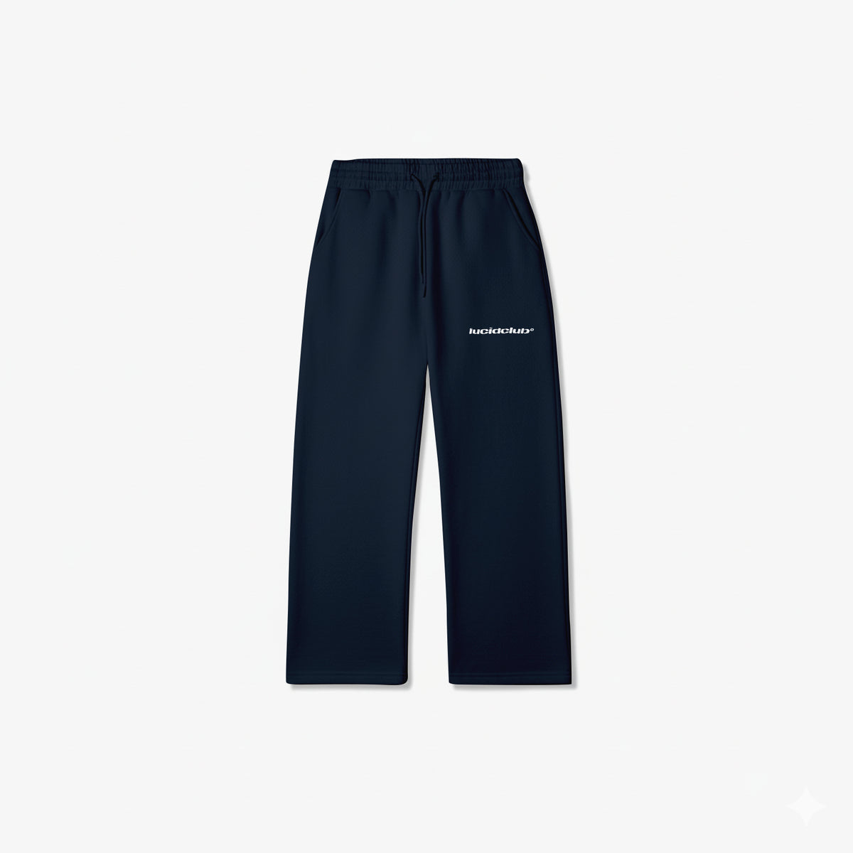 Cozy Sweatpants Navy Blue in Navy Blau mit Logo-Stick, Vorderansicht liegend