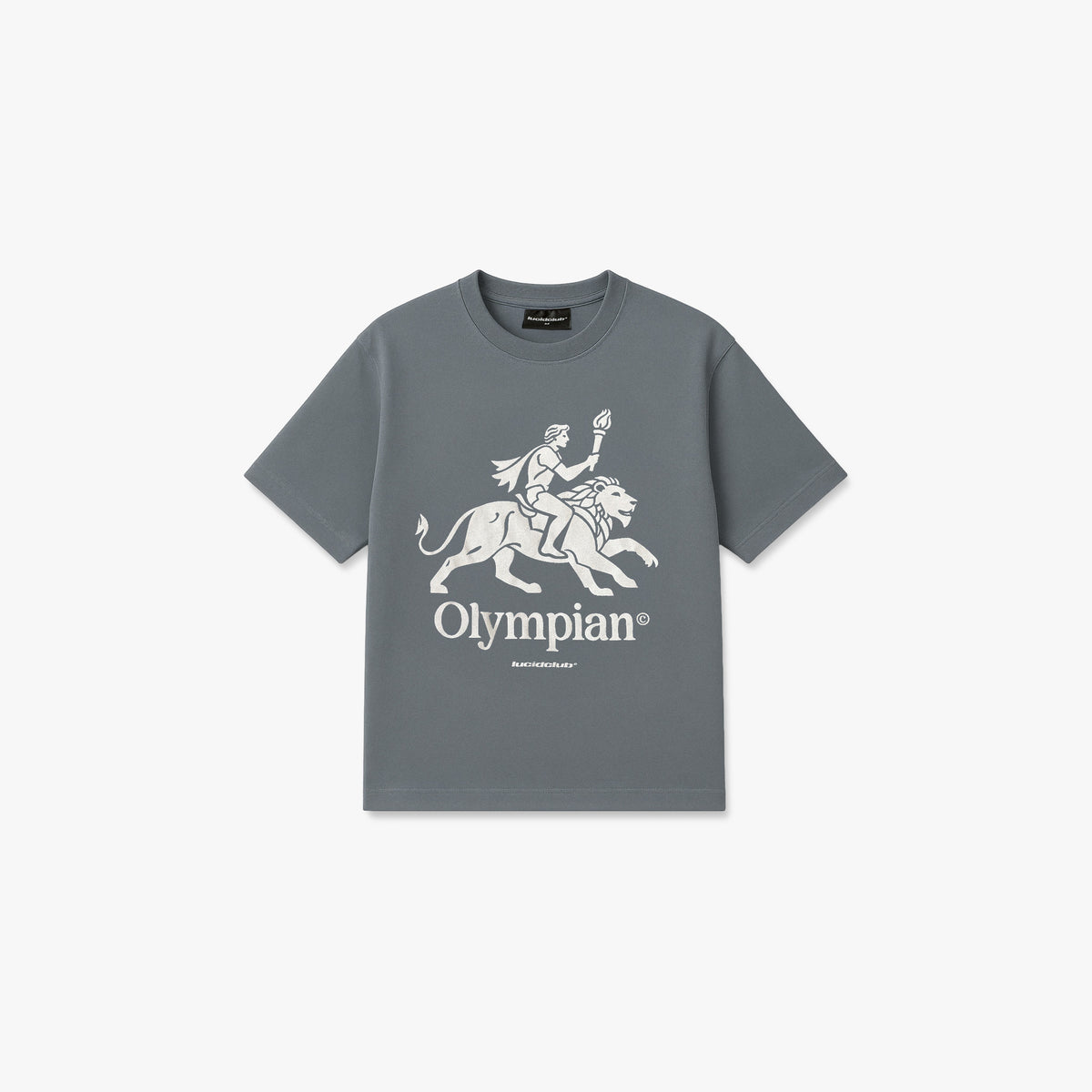 Olympian T-Shirt in grey with vintage print, front view flat lay