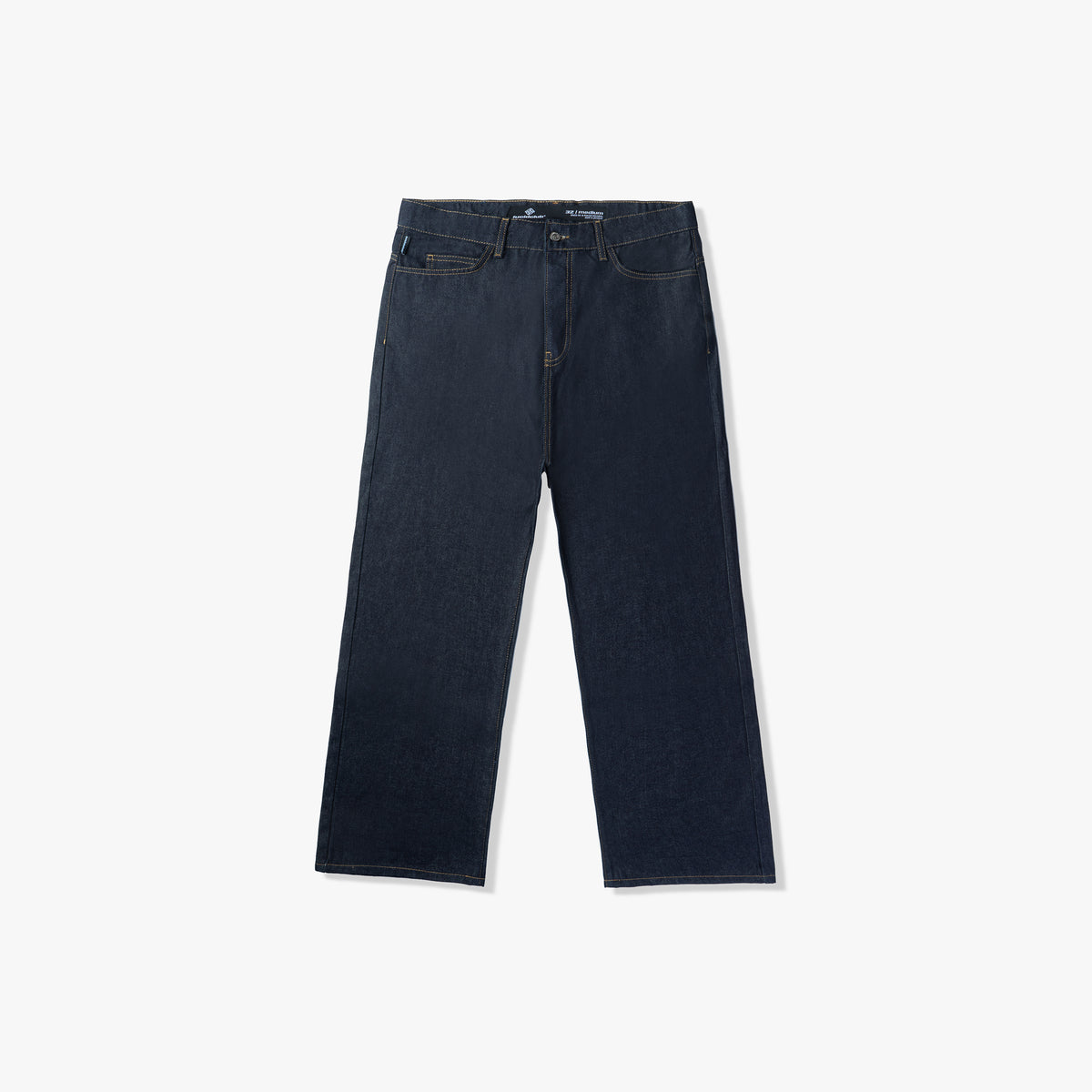Star Denim Raw Blue, dunkelblaue Raw Denim Jeans, Vorderansicht liegend