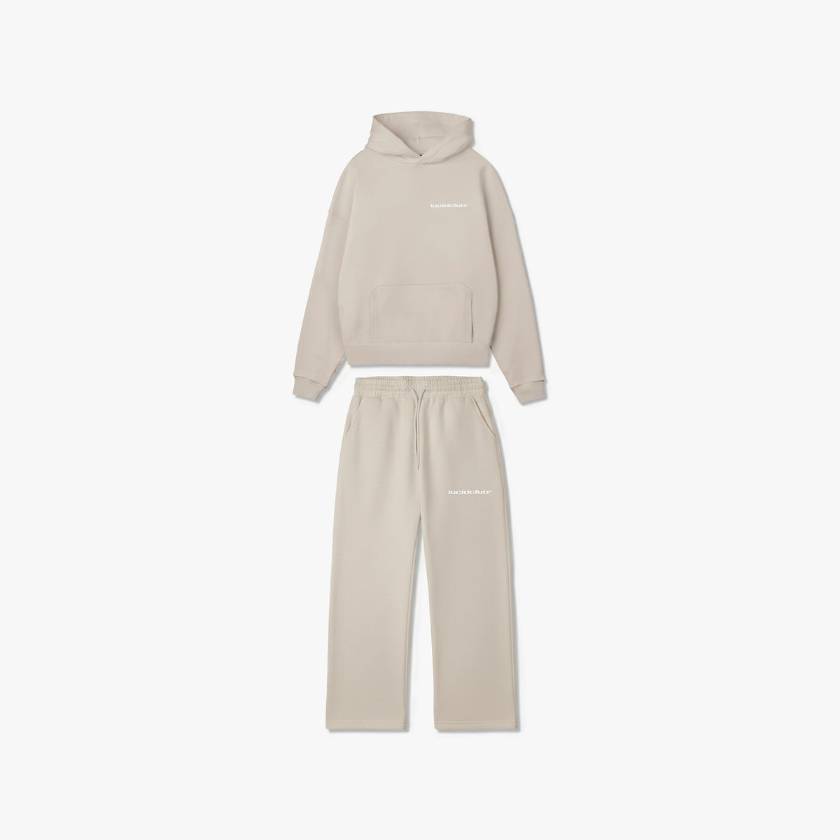 Cozy Tracksuit Cream, Hoodie und Jogginghose in Creme als Set, liegend