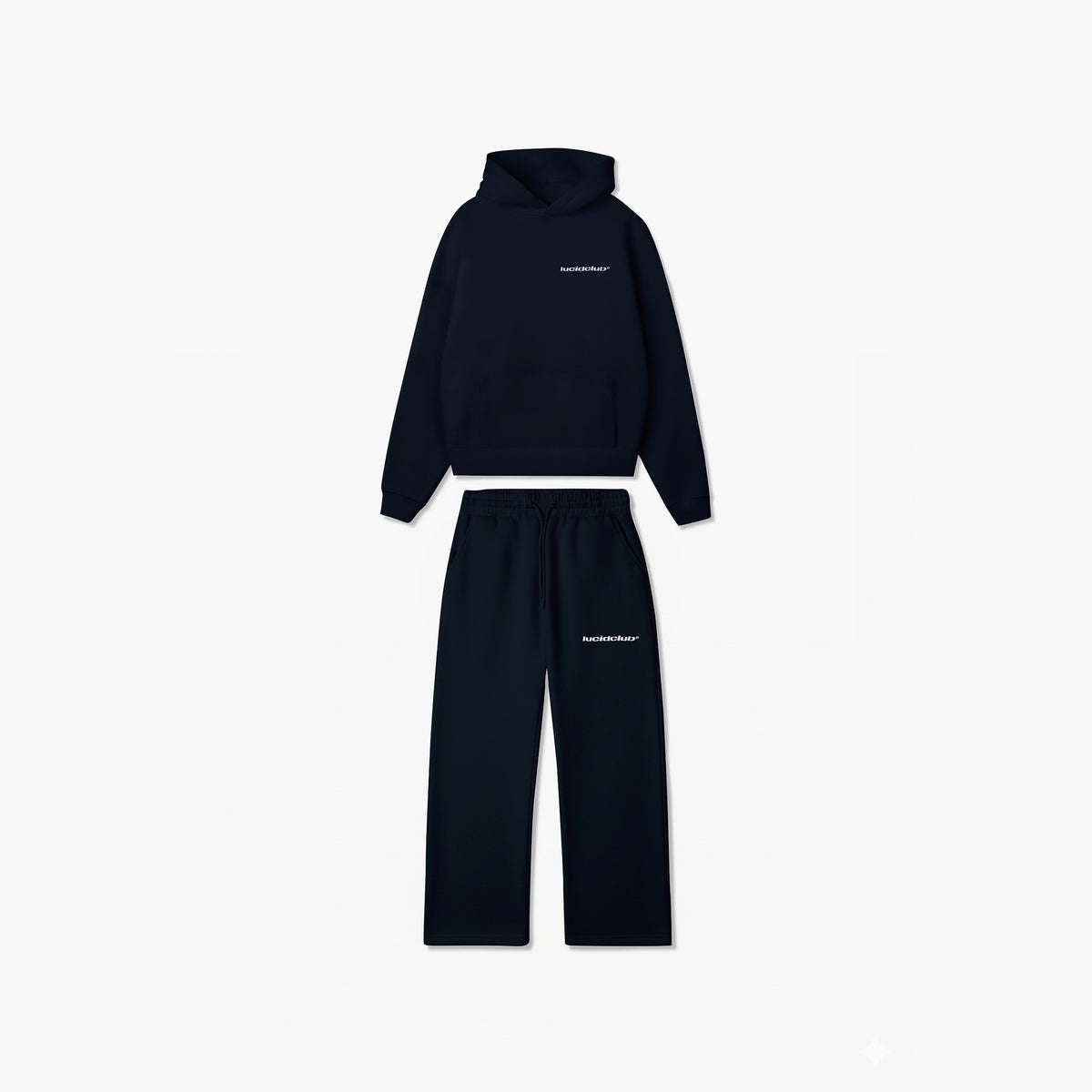 Cozy Tracksuit Navy Blue, Hoodie und Jogginghose in Navy Blau als Set, liegend