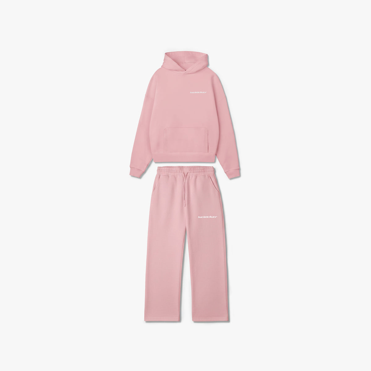 Cozy Tracksuit Pink, Hoodie und Jogginghose in Pink als Set, liegend