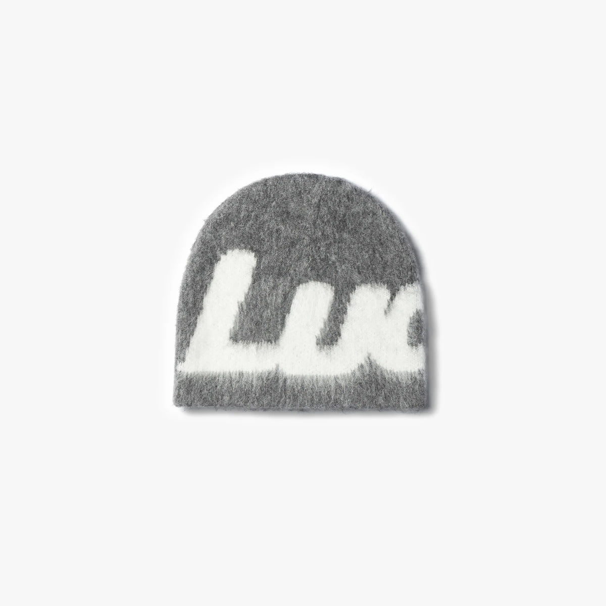 Lucid! Beanie Haze Grey, graue Mütze im Mohair-Look, Vorderansicht