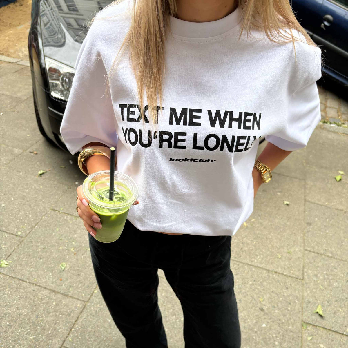 Text Me T-Shirt White on female model