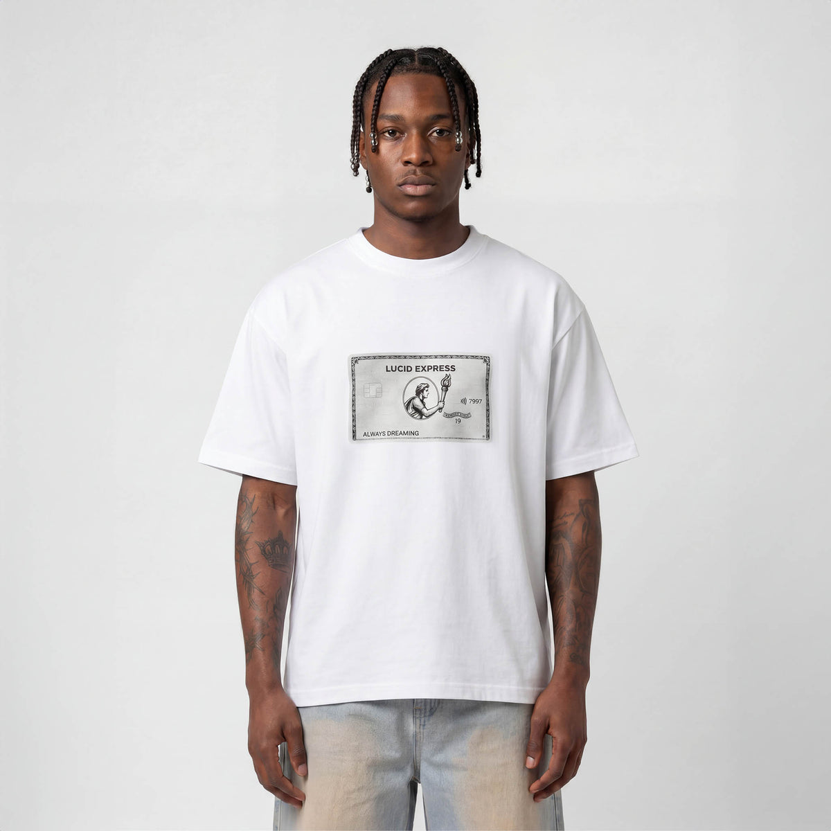 Lucid Express T-Shirt White on model, front view