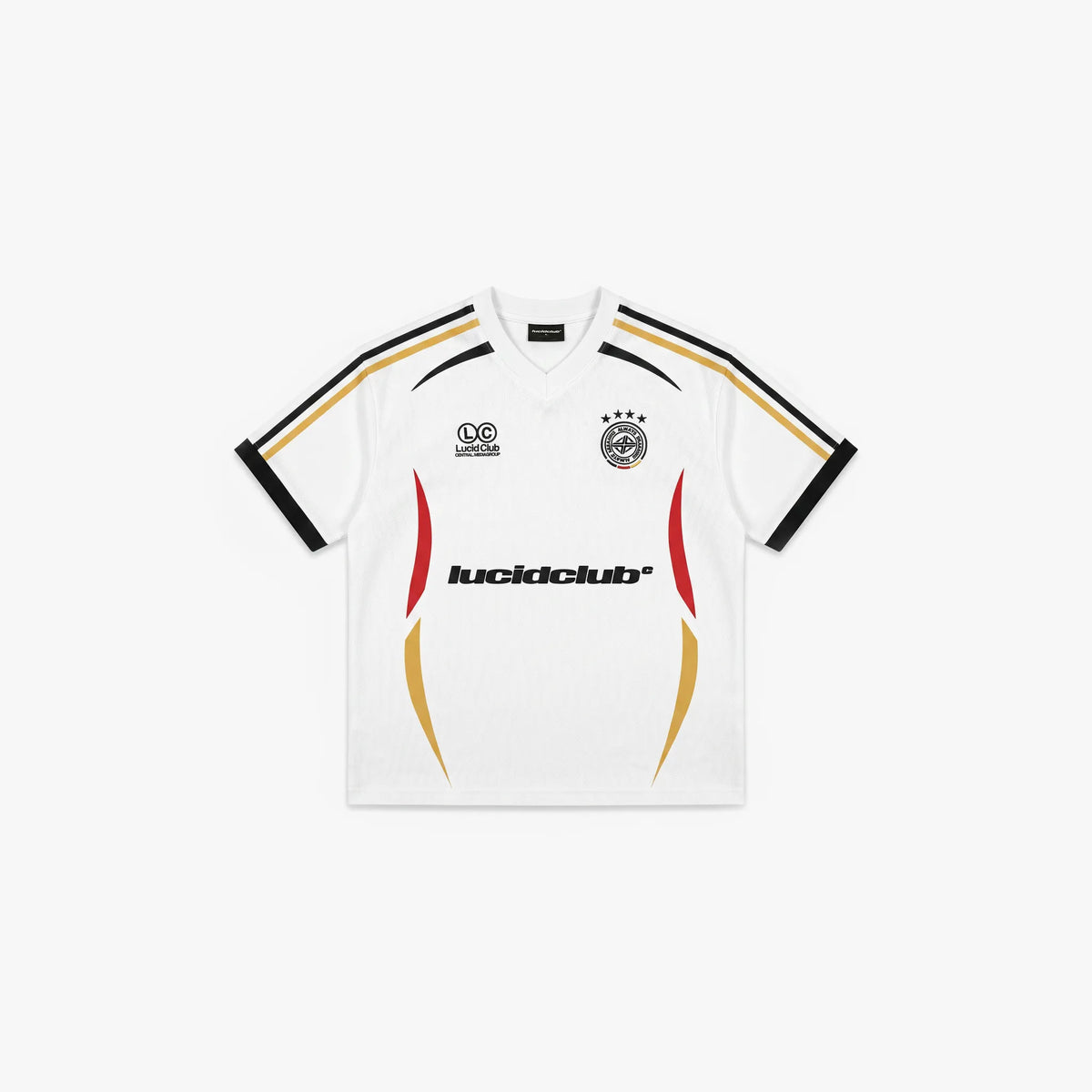 Germany Jersey, white football shirt with logo, front view flat lay