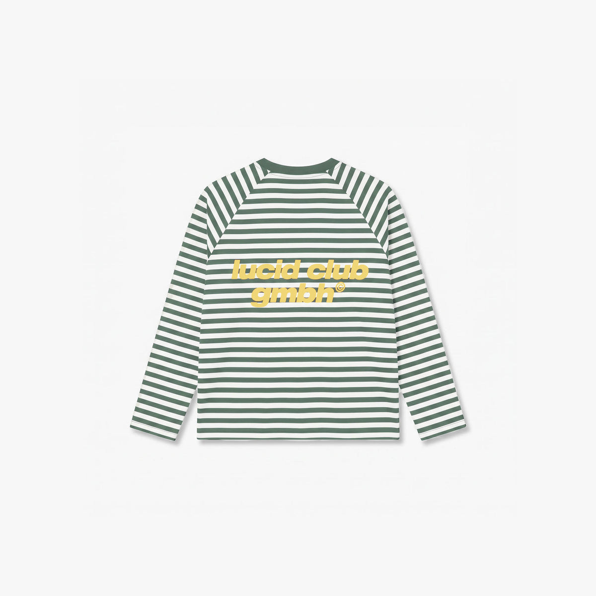 F&F gmbh Longsleeve, green and white stripes, back view flat lay with back print