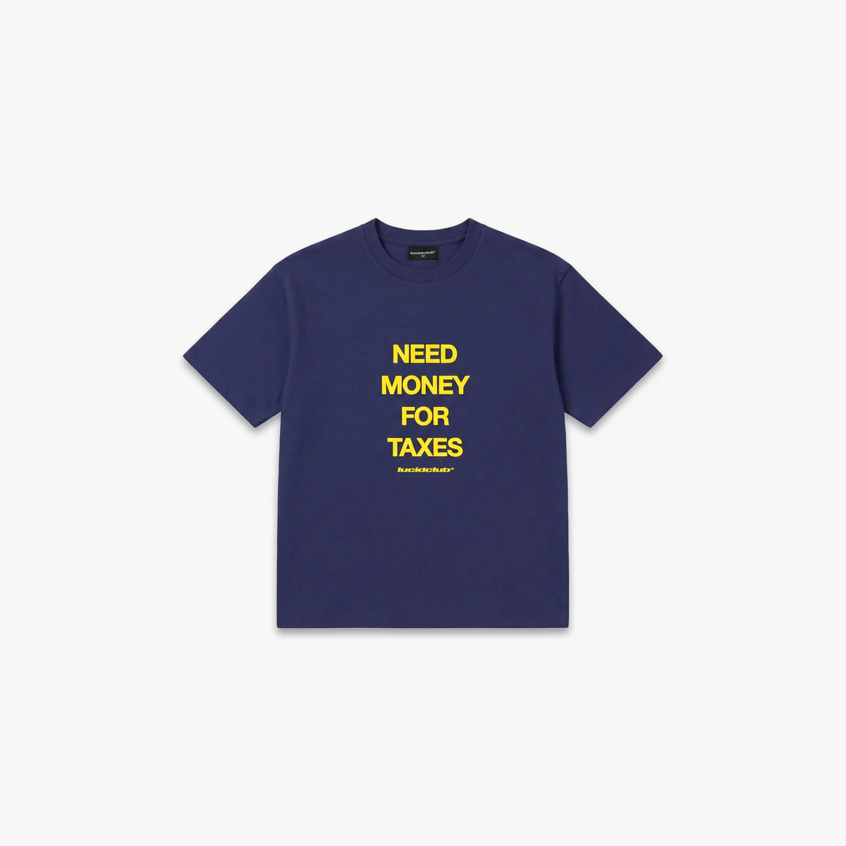 Need Money T-Shirt Navy with yellow print, front view flat lay