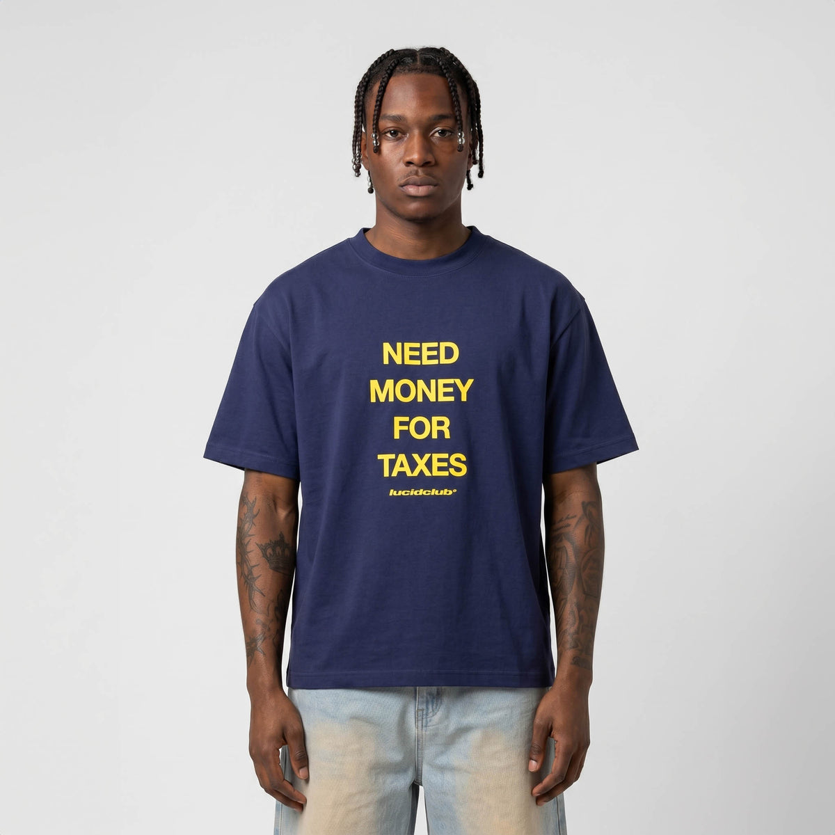 Need Money T-Shirt Navy on model, front view