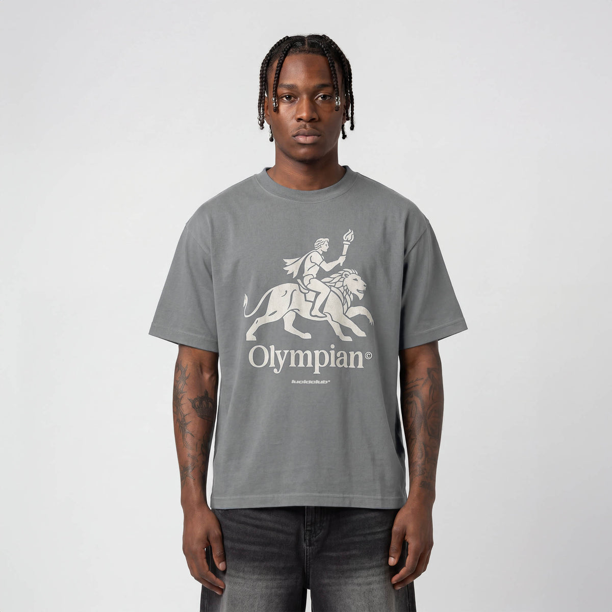 Olympian T-Shirt in grey on model, front view